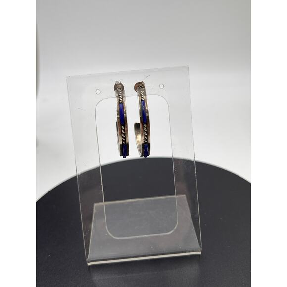 Blue Lapis Lazuli Inlay Vintage Sterling 925 Rope channel Hoop Pierced Earring - Picture 2 of 7